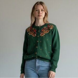 Vintage Worthington Green Cardigan with Fair Isle Floral Embroidery